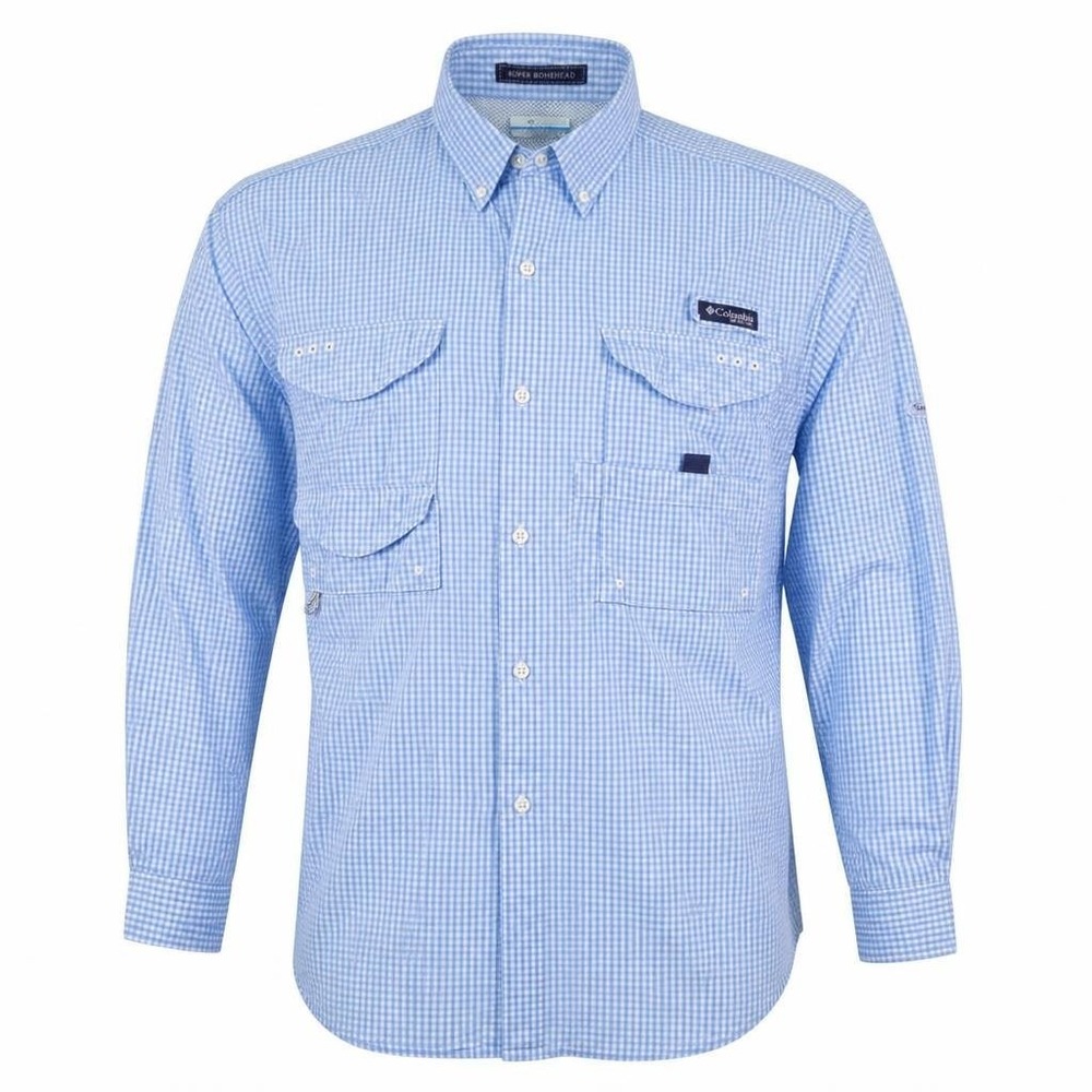 Columbia PFG Shirt Mens L Blue Super Bonehead Fishing Check L/S Gorpcore UPF